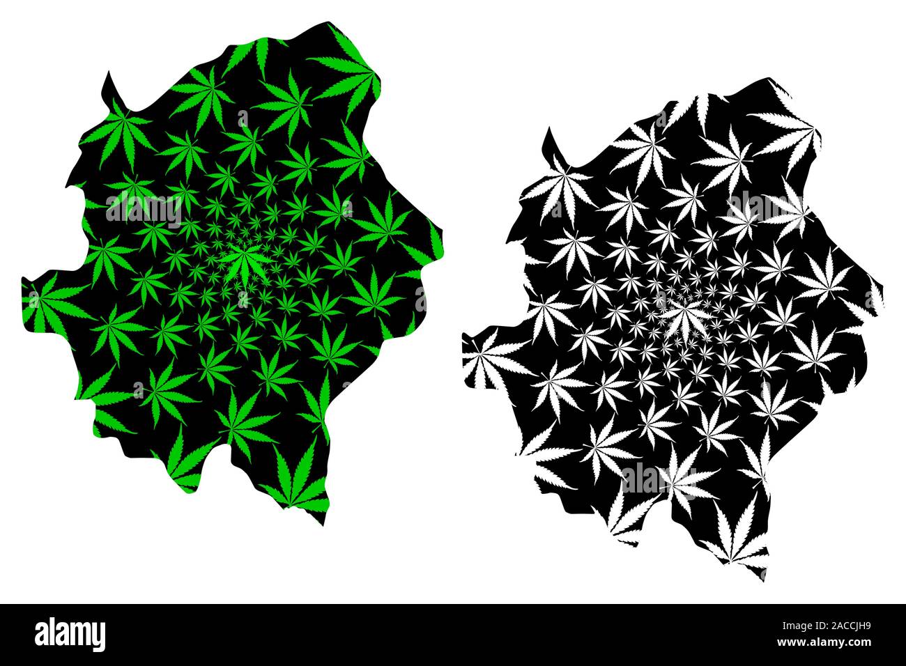 Asir Region (Regions of Saudi Arabia, Kingdom of Saudi Arabia, KSA) map is designed cannabis leaf green and black, Aseer map made of marijuana (marihu Stock Vector