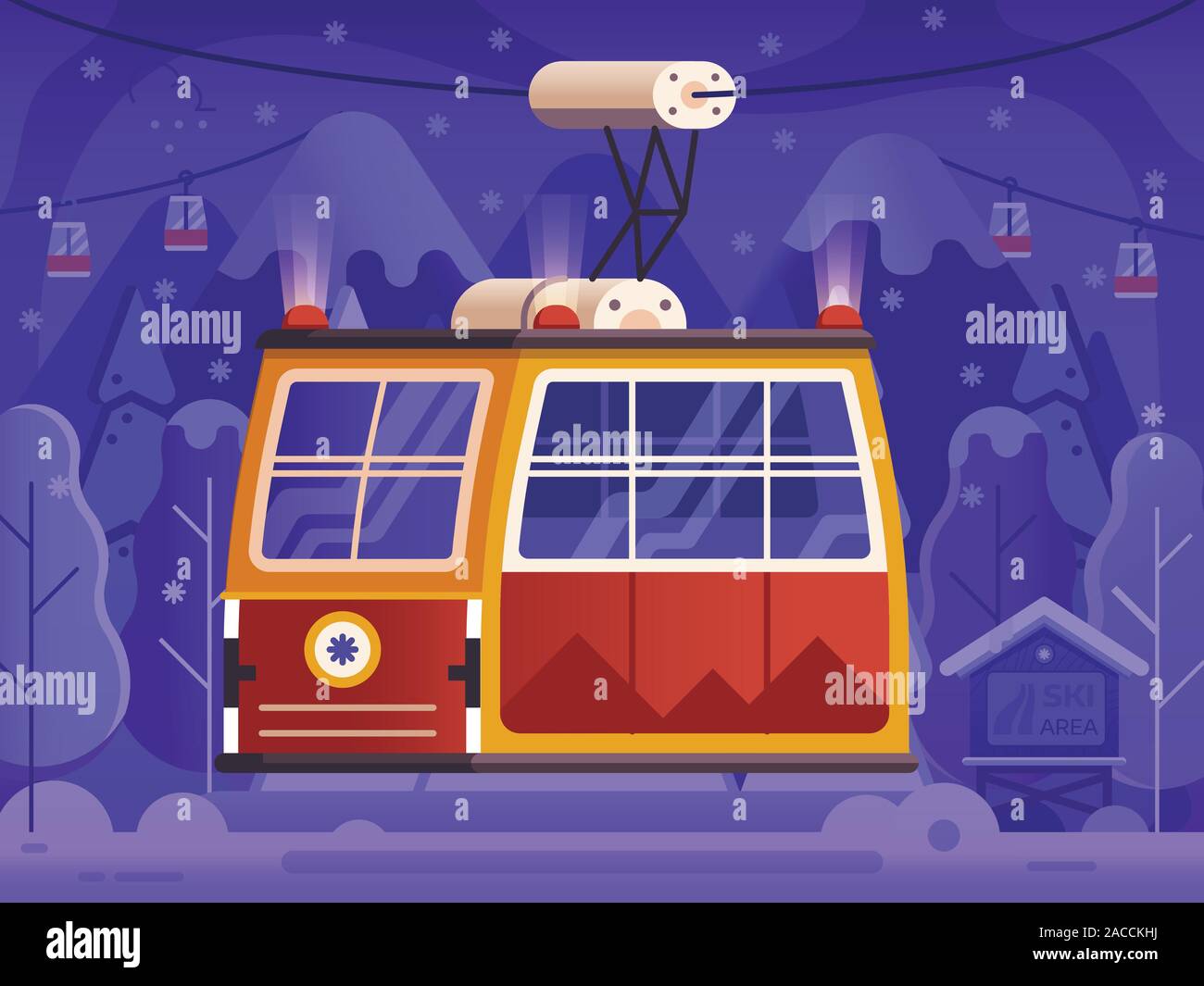 Ski Red Cable Car Winter Holidays Scene Stock Vector