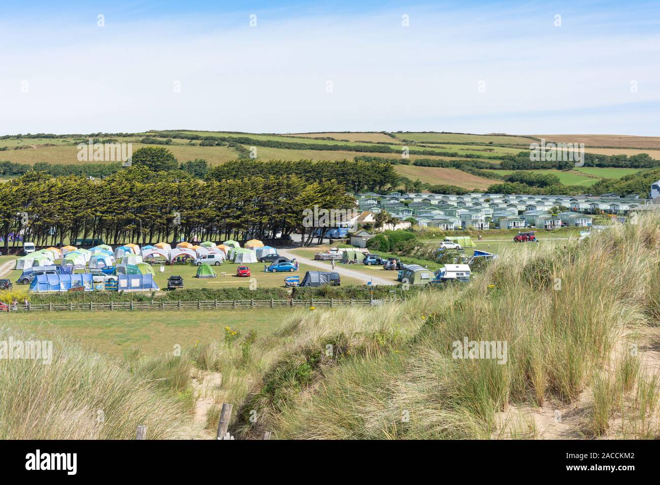 Campsite and holiday cabins from Croyde Beach, Croyde, Devon, England, United Kingdom Stock Photo