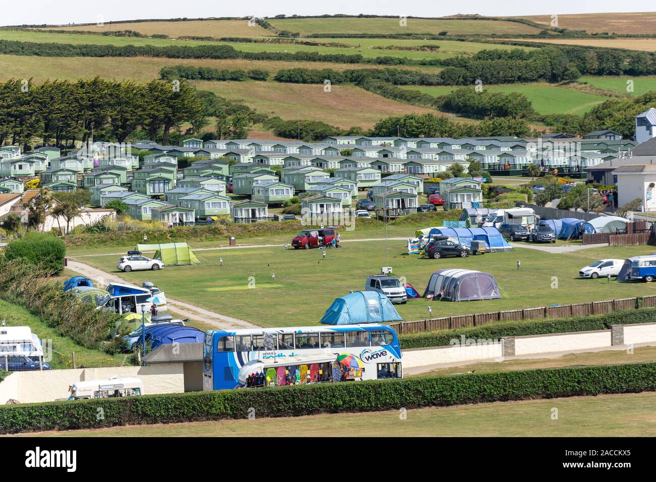 Campsite and holiday cabins from Croyde Beach, Croyde, Devon, England, United Kingdom Stock Photo