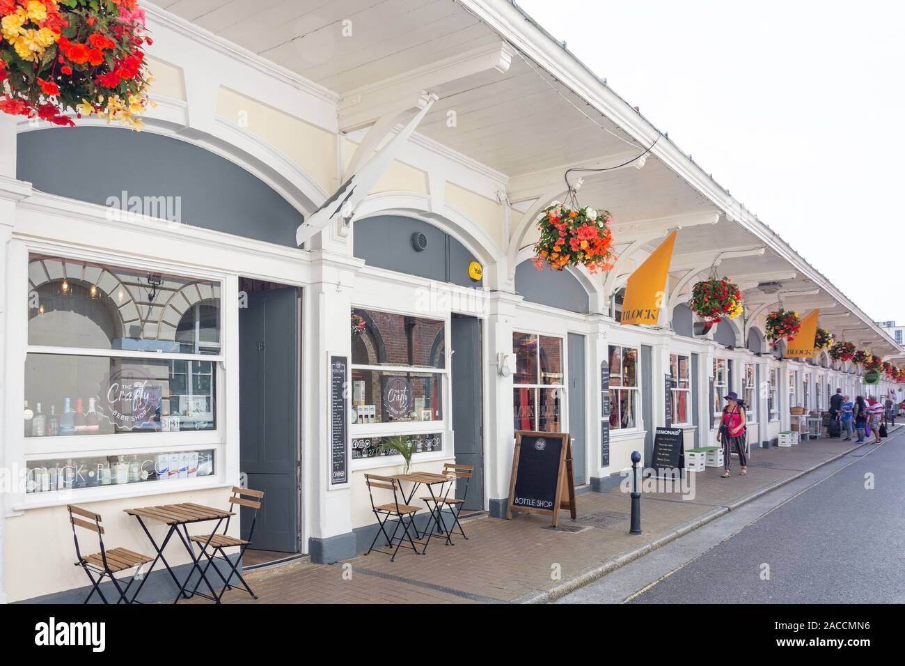 Shops and restaurants, Butchers' Row, Barnstaple, Devon, England, United Kingdom Stock Photo