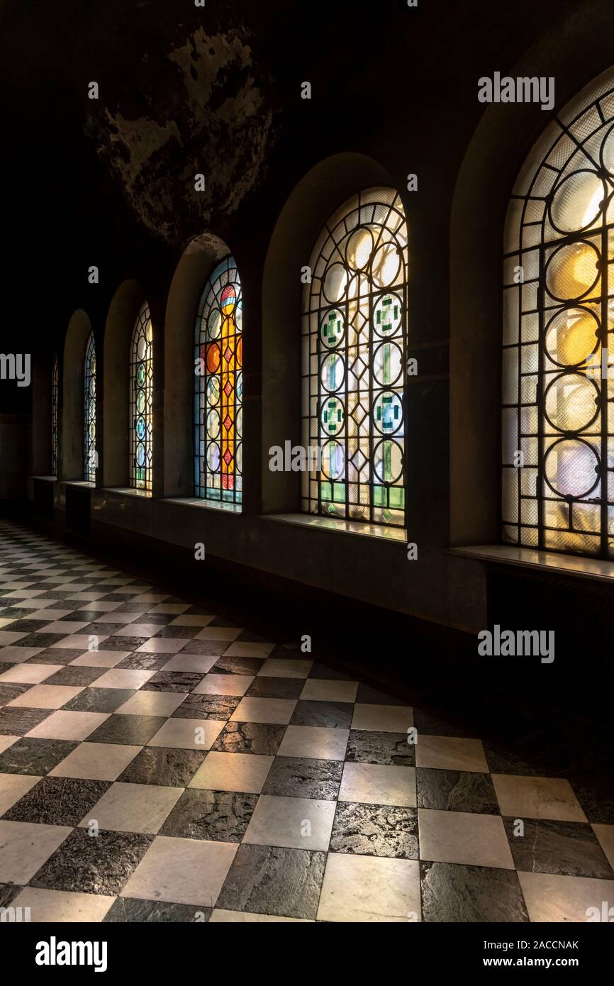 Glorious stained glass windows and marble floor inside Saint Aleksandar Nevski Cathedral, Sofia, Bulgaria Stock Photo