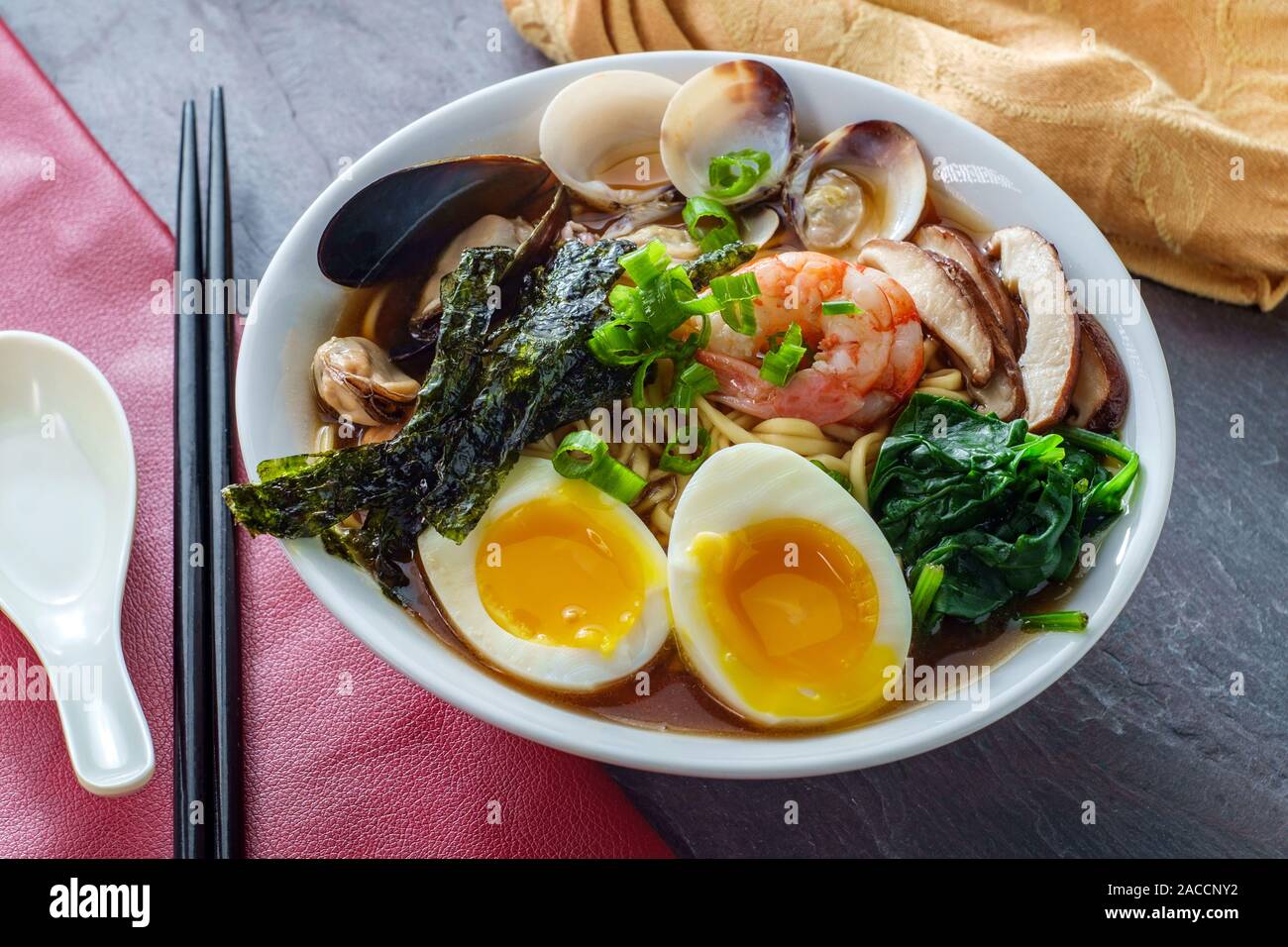 Jjamppong Korean kombu broth seafood ramen with squid clams mussels