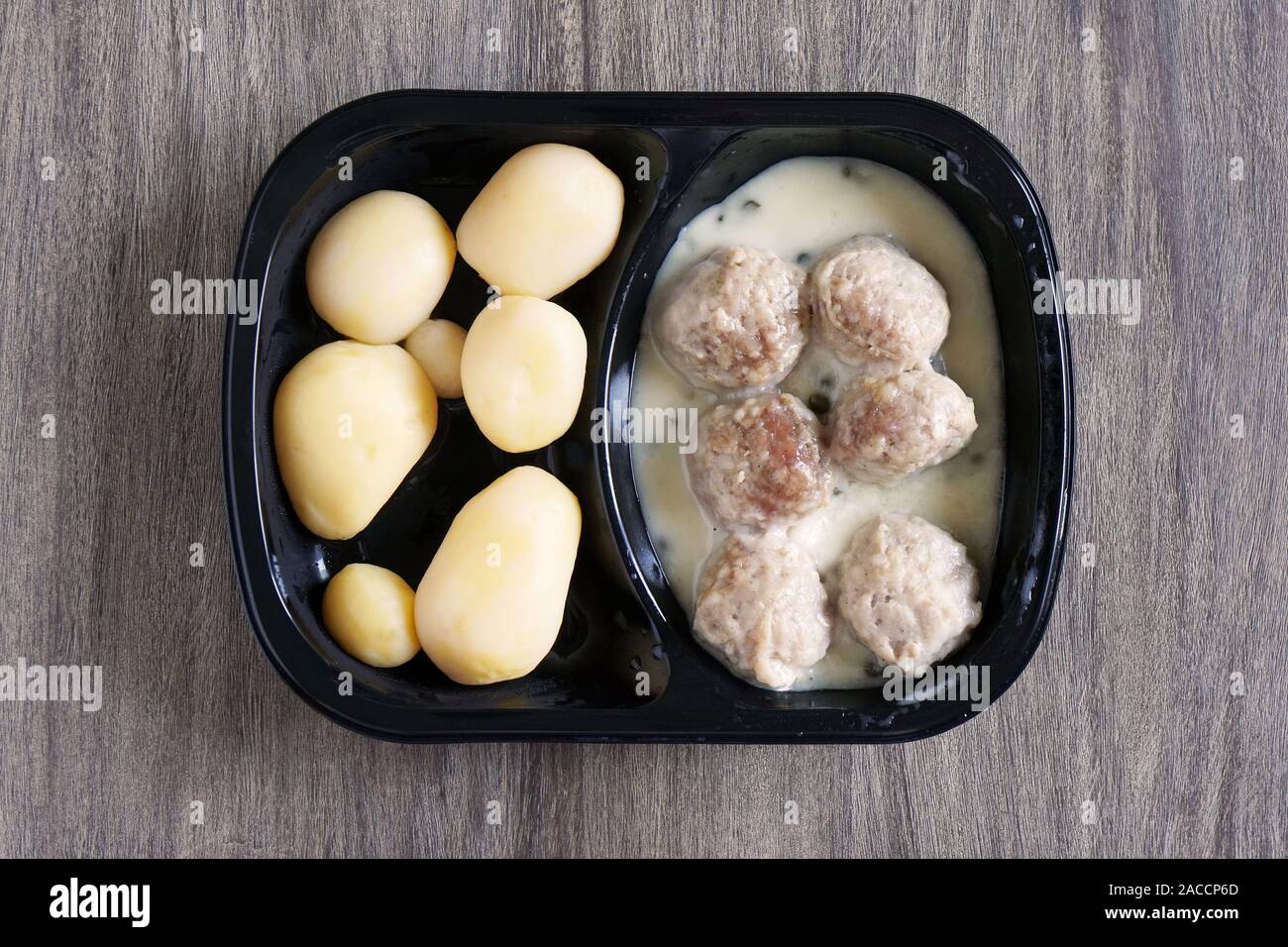 meatballs and potatoes microwavable instant ready meal or tv dinner, german dish known as Konigsberger Klopse Stock Photo