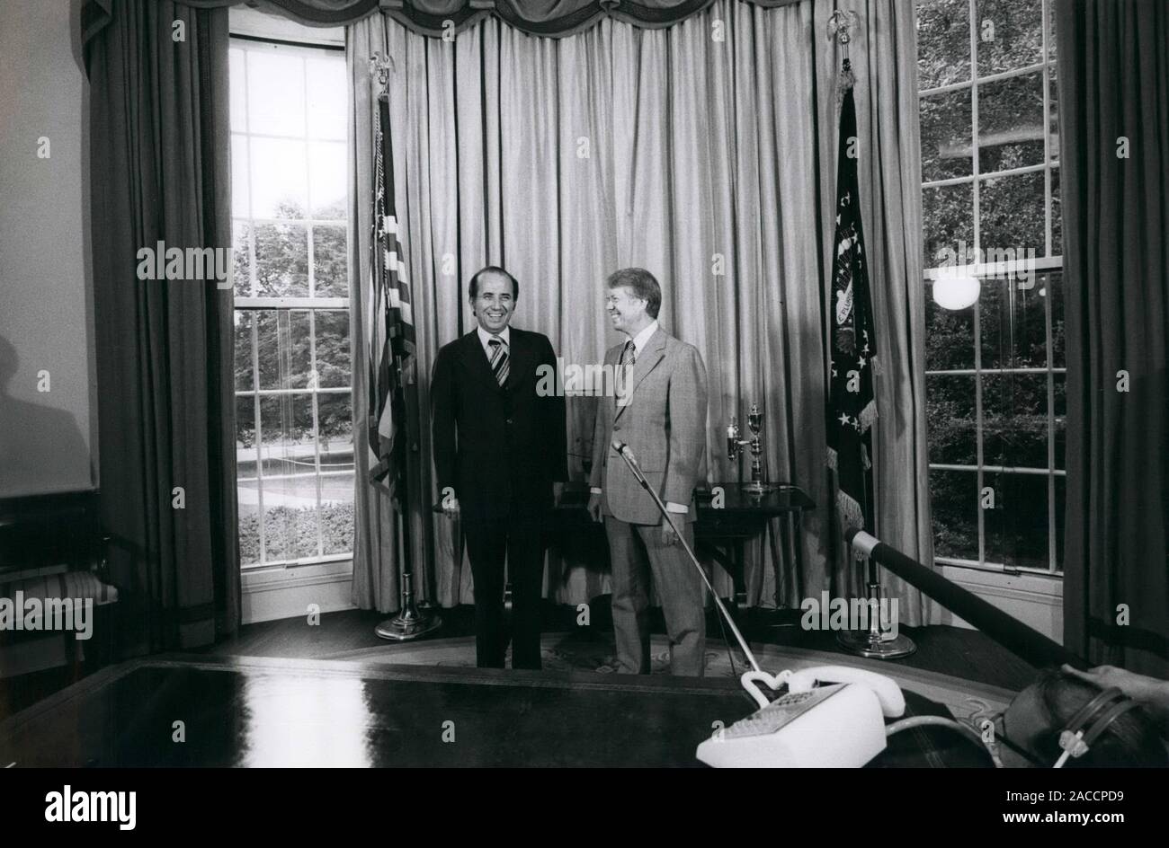 Sep. 7, 1977 - Washington DC, USA - President JIMMY CARTER, right, shares a laugh with President CARLOS ANDRES PEREZ of Venezuela at the Oval Office in the White House. Today Carter of signed the new Panama Canal Treaties, The Torrijos-Carter Treaties, which will transfer control of the Panama Canal to Panama after 1999. (Credit Image: © Keystone Press Agency/Keystone USA via ZUMAPRESS.com) Stock Photo