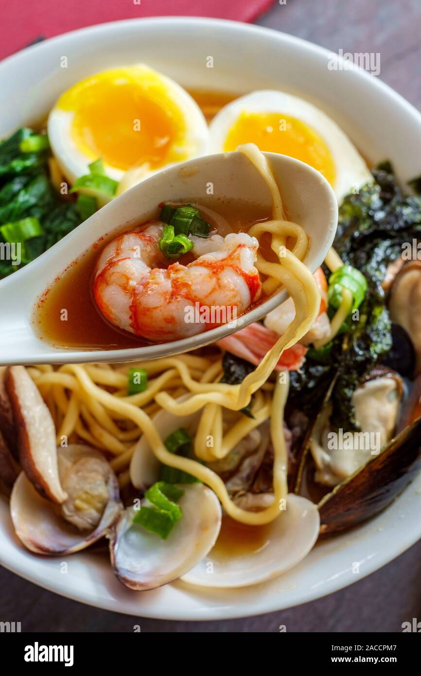Jjamppong Korean kombu broth seafood ramen with squid clams mussels