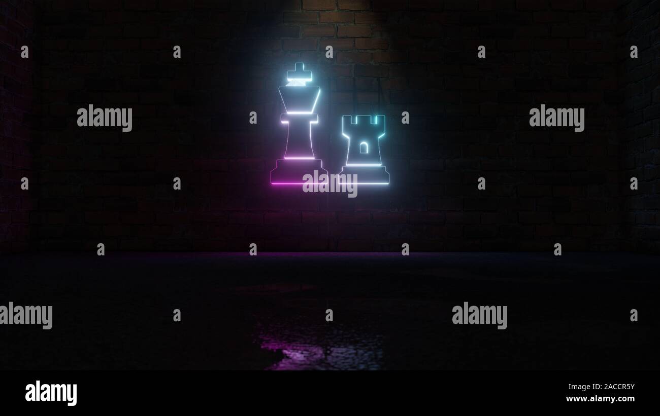 3D rendering of blue violet neon symbol of chess king and rook figures ...