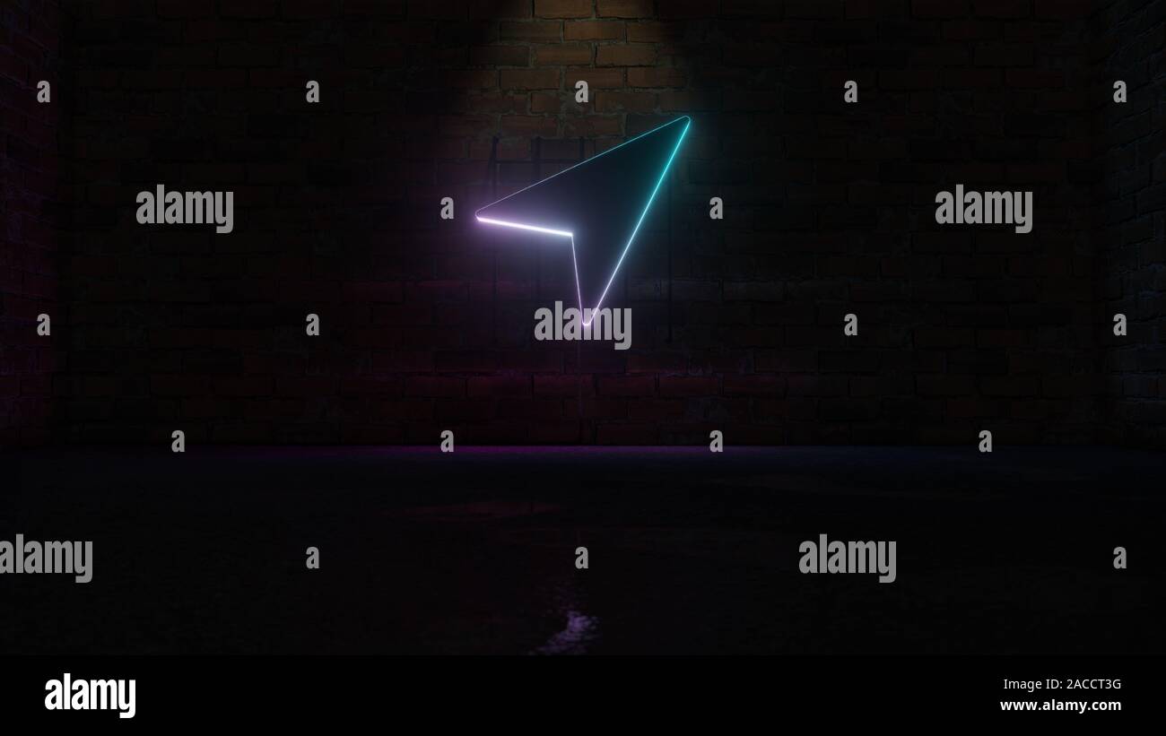 3D rendering of blue violet neon symbol of navigation arrow right on ...