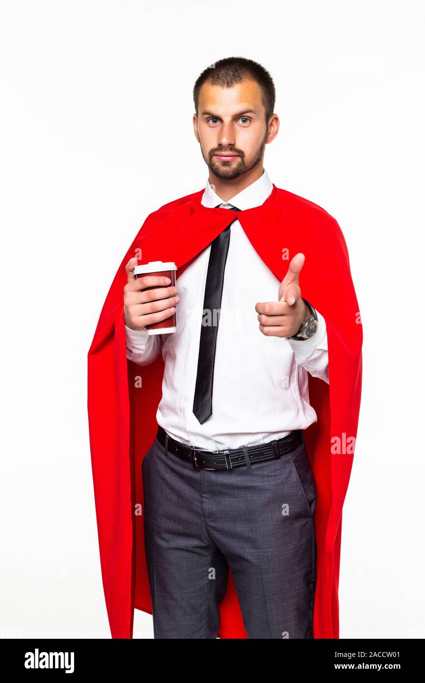 Businessman dressed like superhero drinking coffee Stock Photo