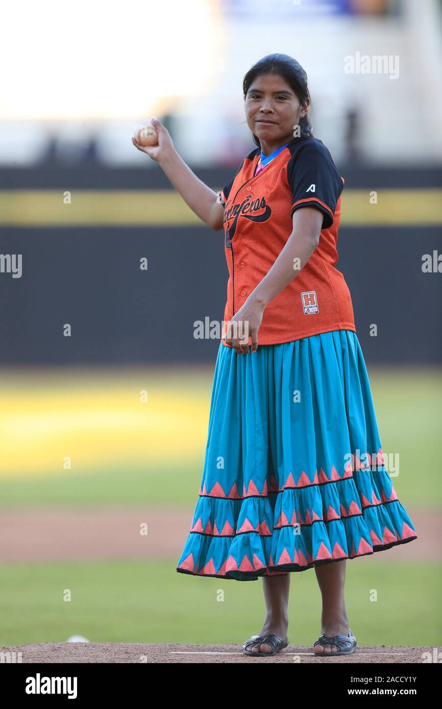 María Lorena Ramírez Hernández, Mexican background runner from the rarámuri  indigenous community, appeared at the Sonora stadium for the launch of the  first ball during the baseball match between Algodoneros vs Naranjeros.