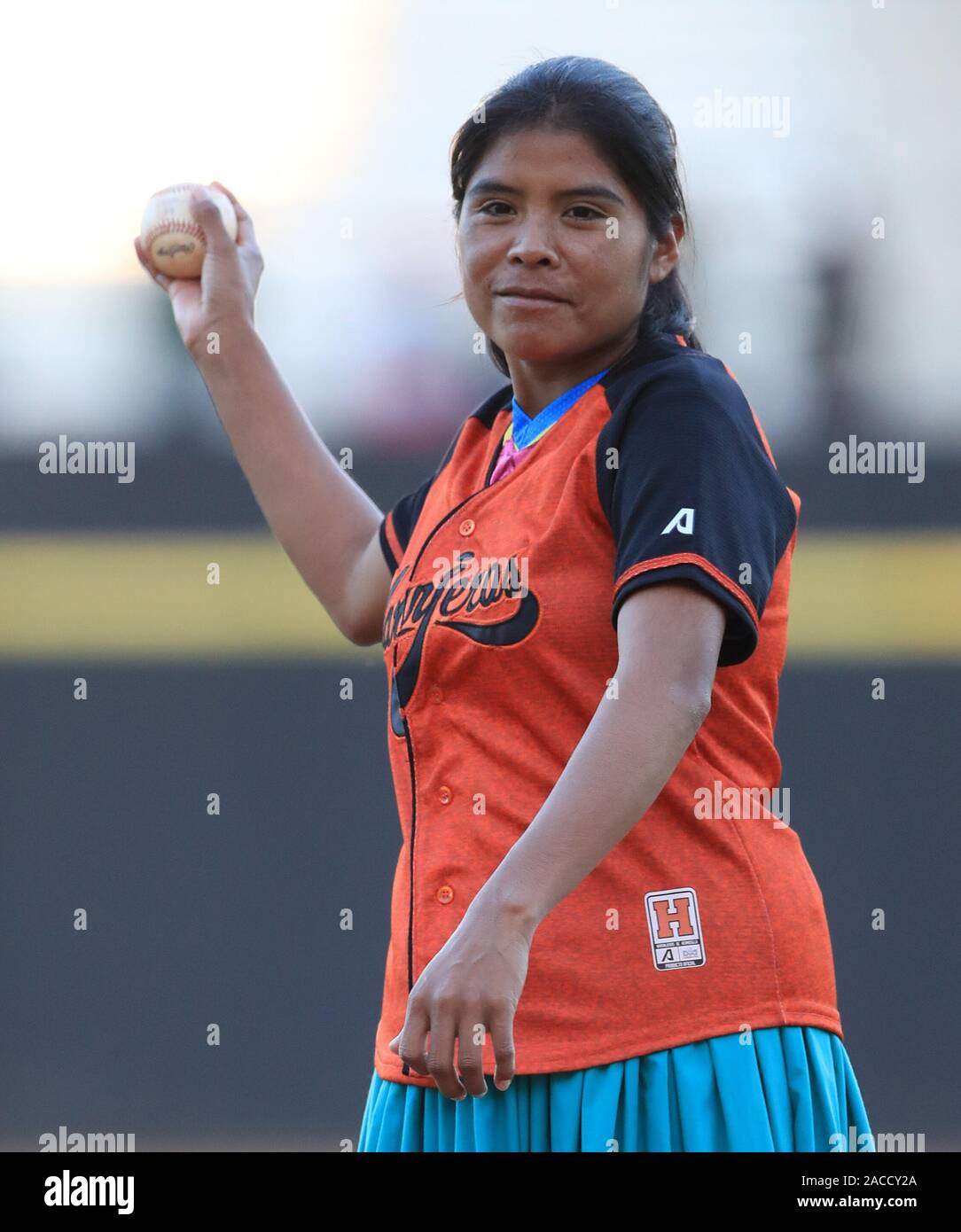 María Lorena Ramírez Hernández, Mexican background runner from the rarámuri  indigenous community, appeared at the Sonora stadium for the launch of the  first ball during the baseball match between Algodoneros vs Naranjeros.