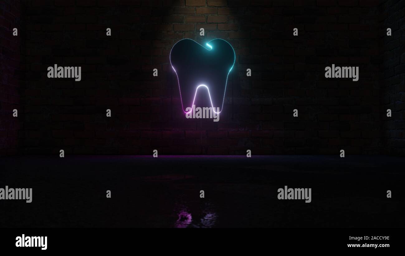 3D rendering of blue violet neon symbol of tooth on dark brick wall ...