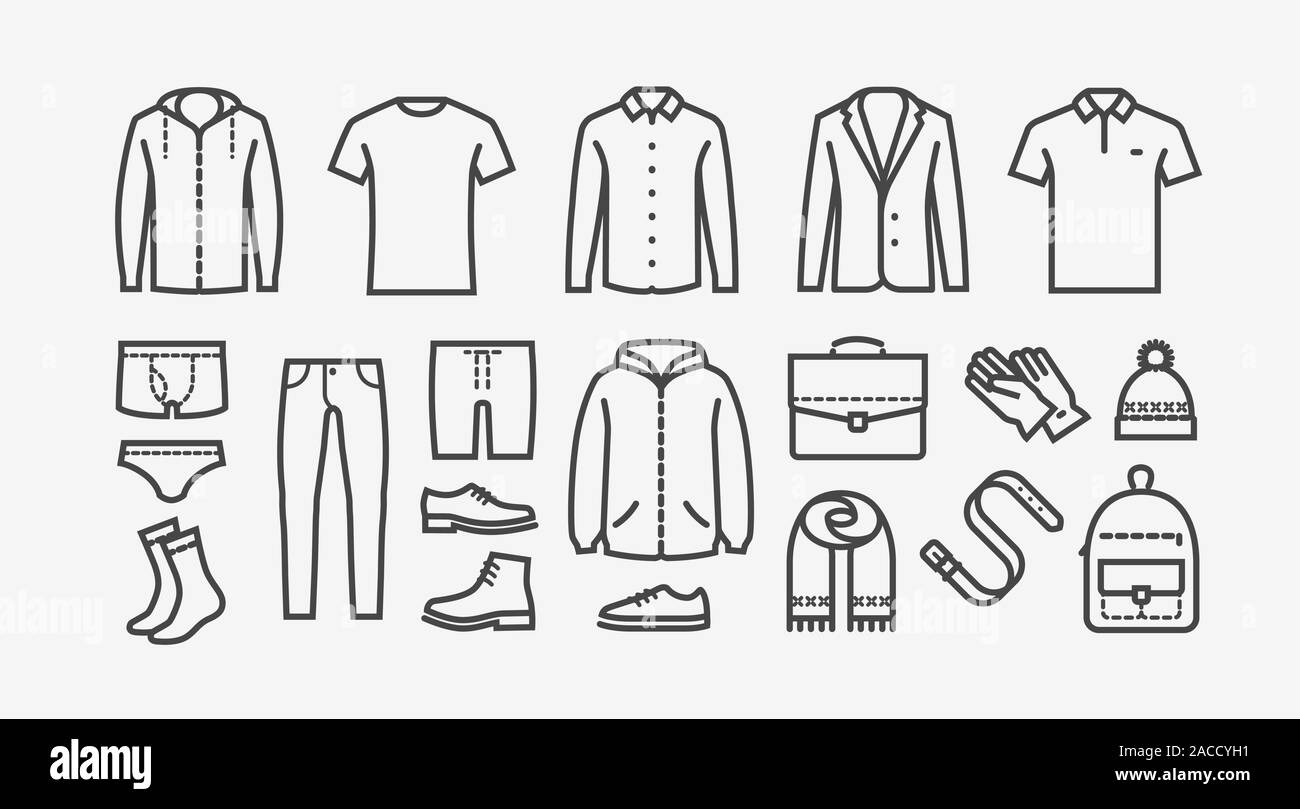 Clothing icon set in linear style. Fashion, shopping vector illustration Stock Vector