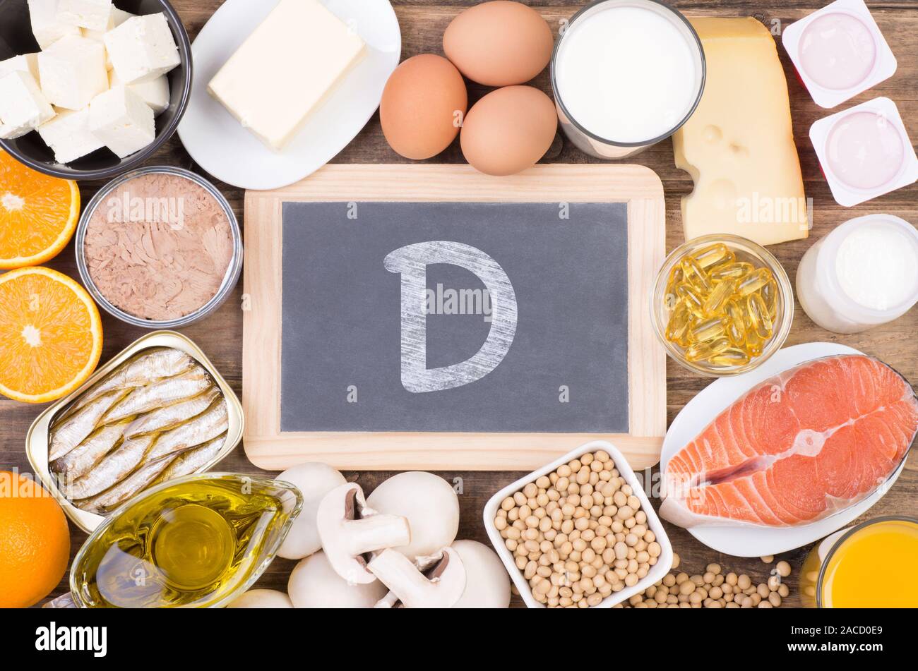 Vitamine D food sources, top view on wooden background Stock Photo