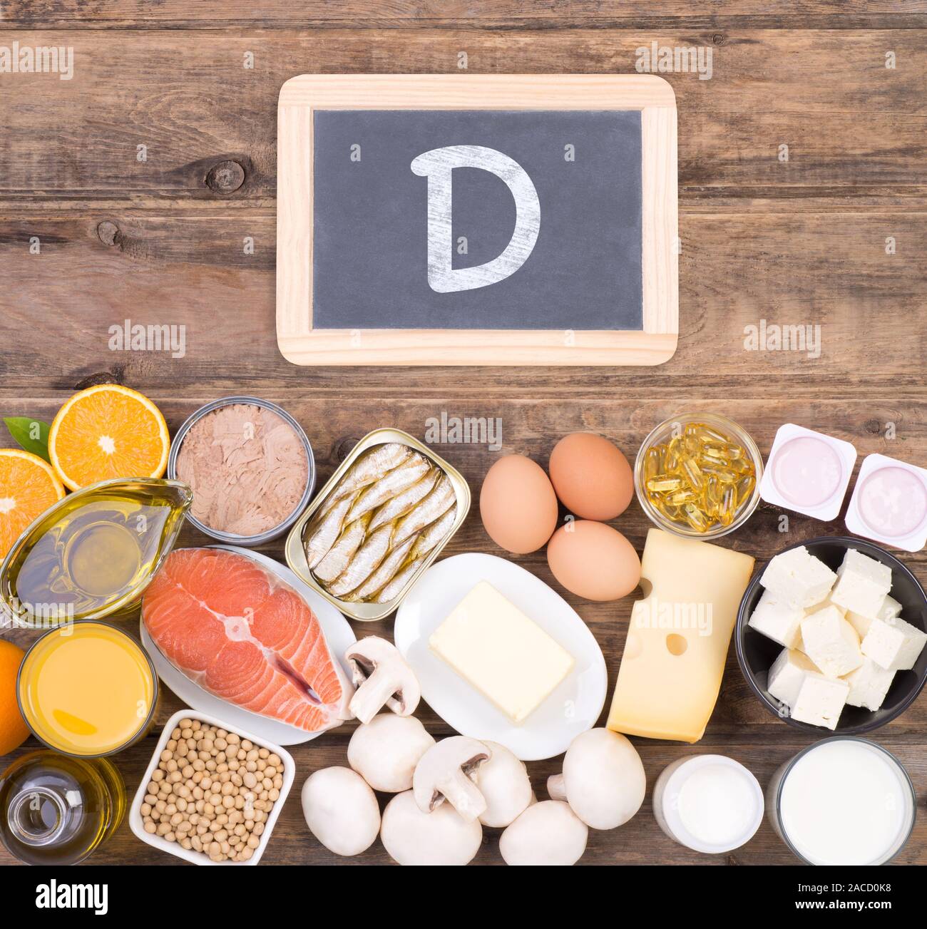 Vitamine D food sources, top view on wooden background Stock Photo