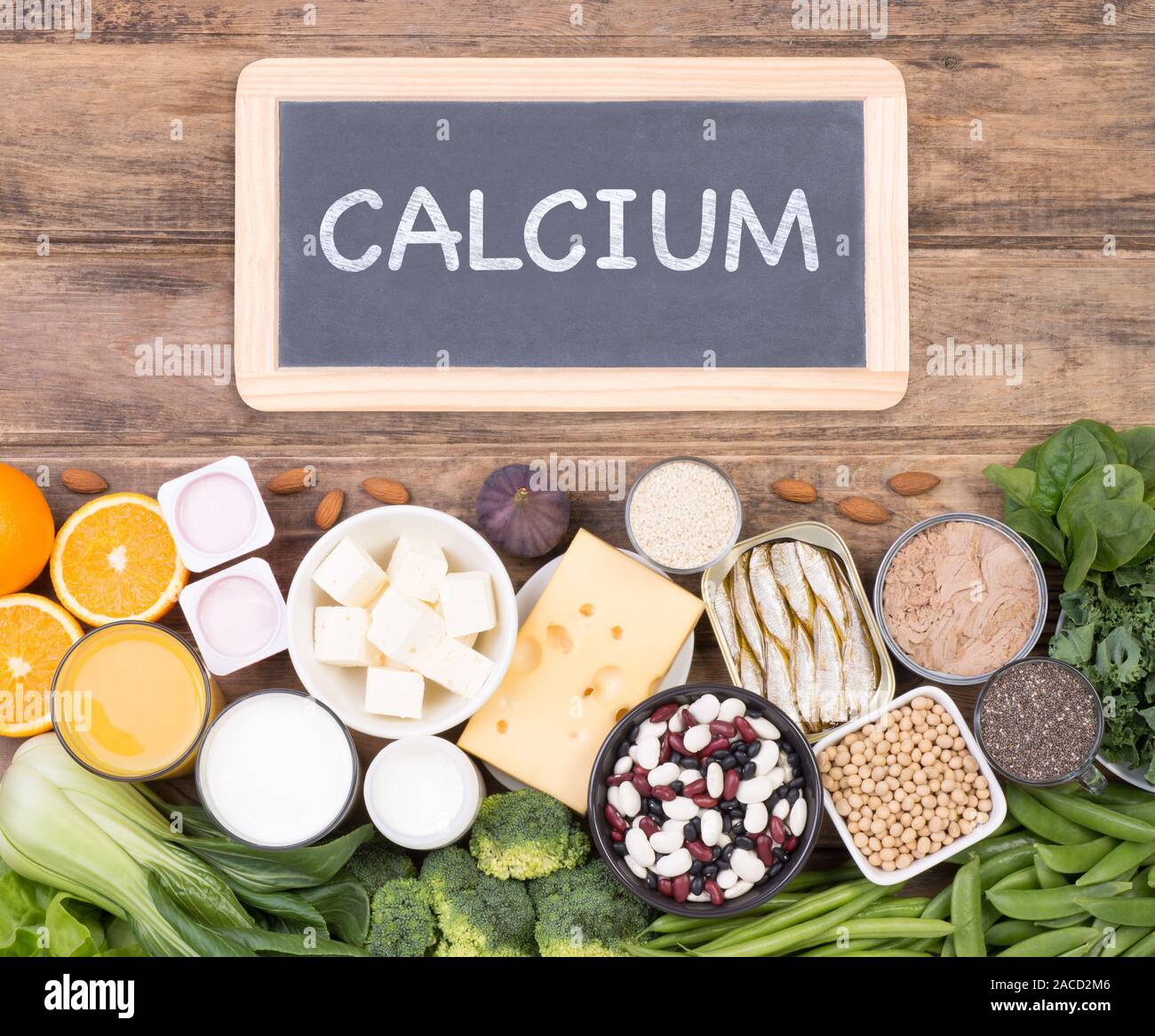 Calcium food sources, top view Stock Photo
