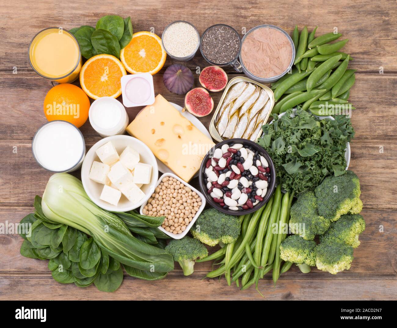 Calcium food sources, top view Stock Photo