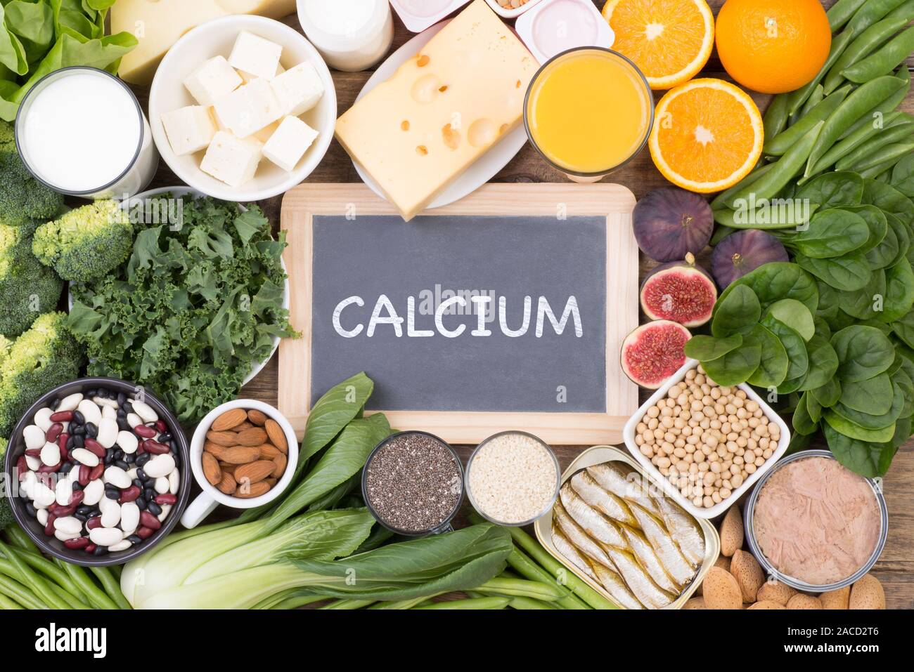 Calcium food sources, top view Stock Photo
