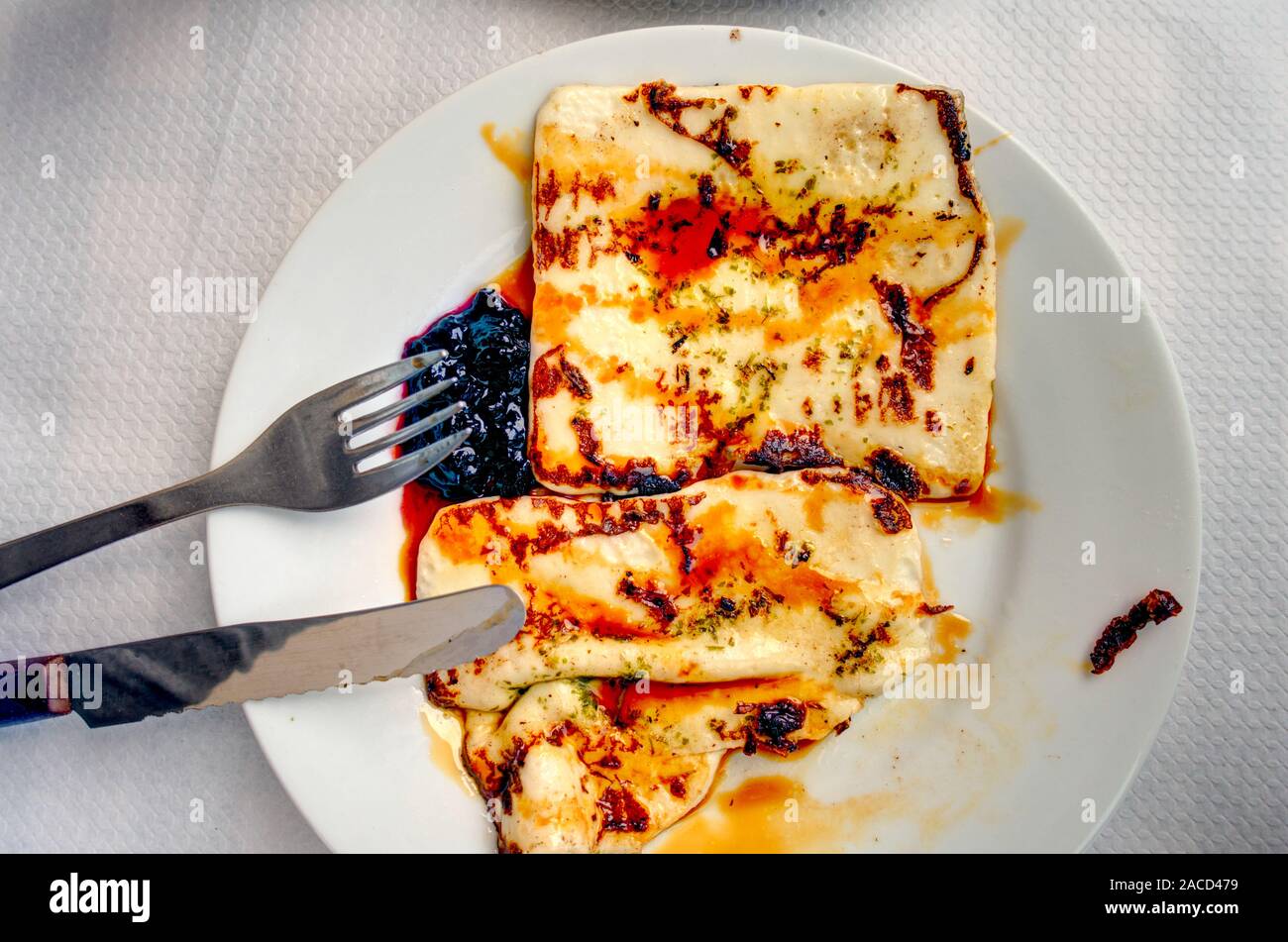 Grilled Cheese with Mojo, Typical dish from Canary Islands Stock Photo