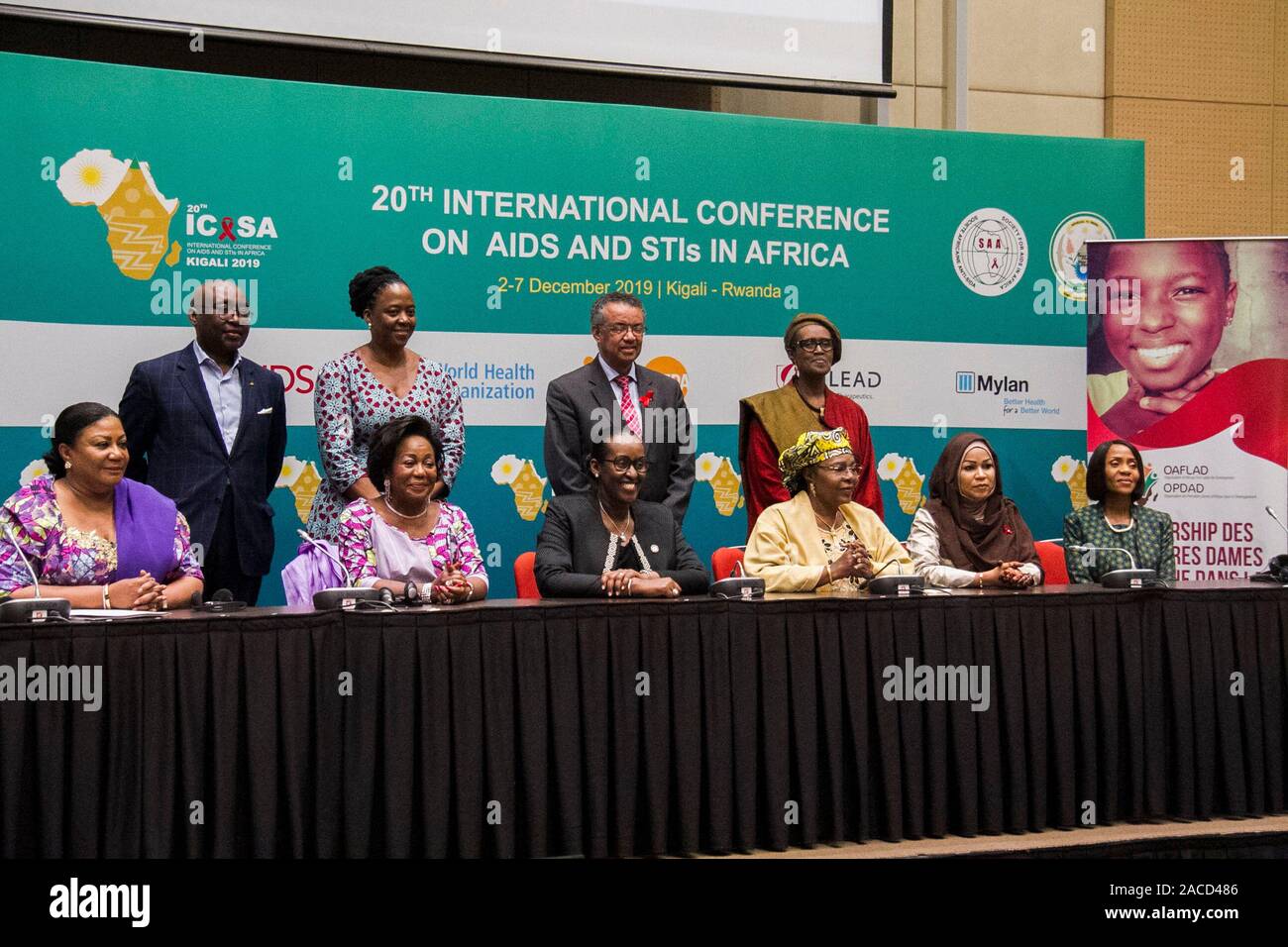 (191202) -- KIGALI, Dec. 2, 2019 (Xinhua) -- First ladies of African countries attend a sideline session of the International Conference on AIDS and Sexually Transmitted Infections in Africa in Kigali, capital of Rwanda, Dec. 2, 2019. 'Eliminating mother-to-child transmission of HIV, syphilis and hepatitis is achievable and you can help provide the key ingredient: political will,' Tedros Adhanom Ghebreyesus, Director General of World Health Organization (WHO), told first ladies of African countries at a sideline session of the International Conference on AIDS and Sexually Transmitted Infection Stock Photo