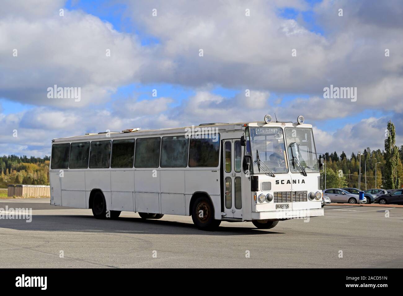FORSSA, FINLAND - SEPTEMBER 27, 2014: Classic Scania Lahti 20 bus departs Forssa. Lahti 20 is a chassis type made by the Finnish manufacturer Lahden A Stock Photo