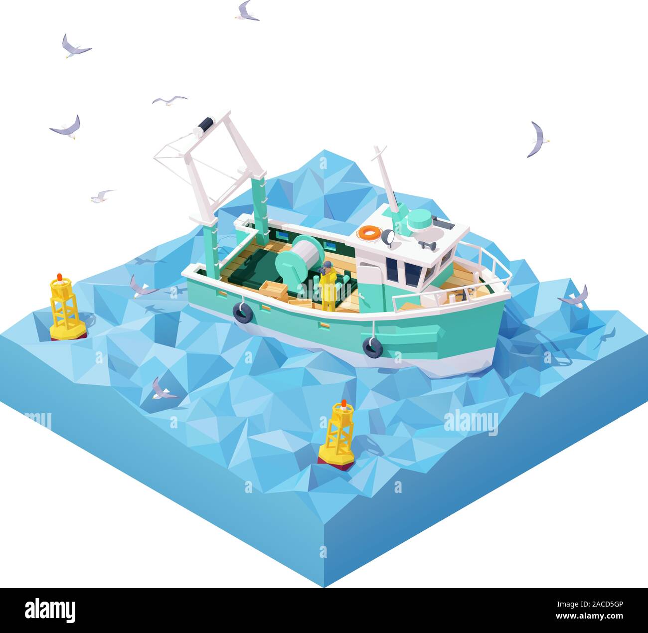 Vector isometric fishing boat in the sea Stock Vector
