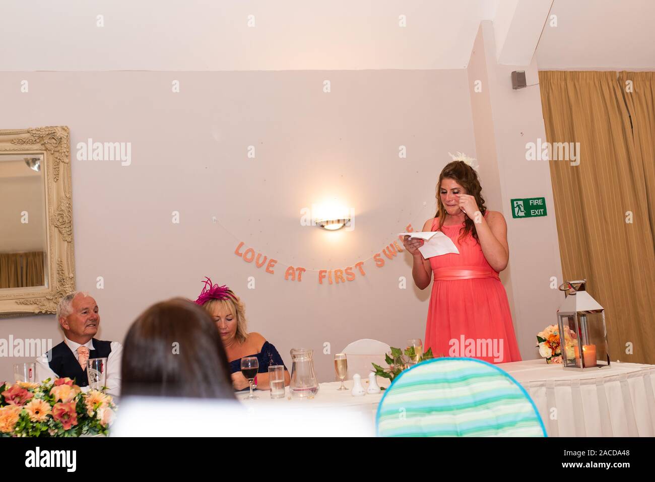 Maid of honour do their speeches at a wedding reception, after party at the Manor Hotel and Guest House, Cheadle, Grade 2 listed Wedding Venue Stock Photo