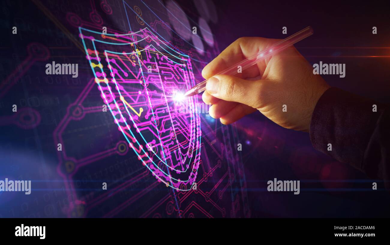 Cyber security with shield symbol project creating. Abstract concept of internet safety, firewall and computer protection 3d illustration. Drawing dig Stock Photo