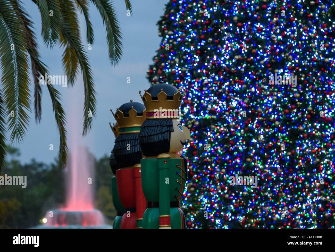 Giant Nutcrackers and Christmas tree at Lake Eola Park in downtown