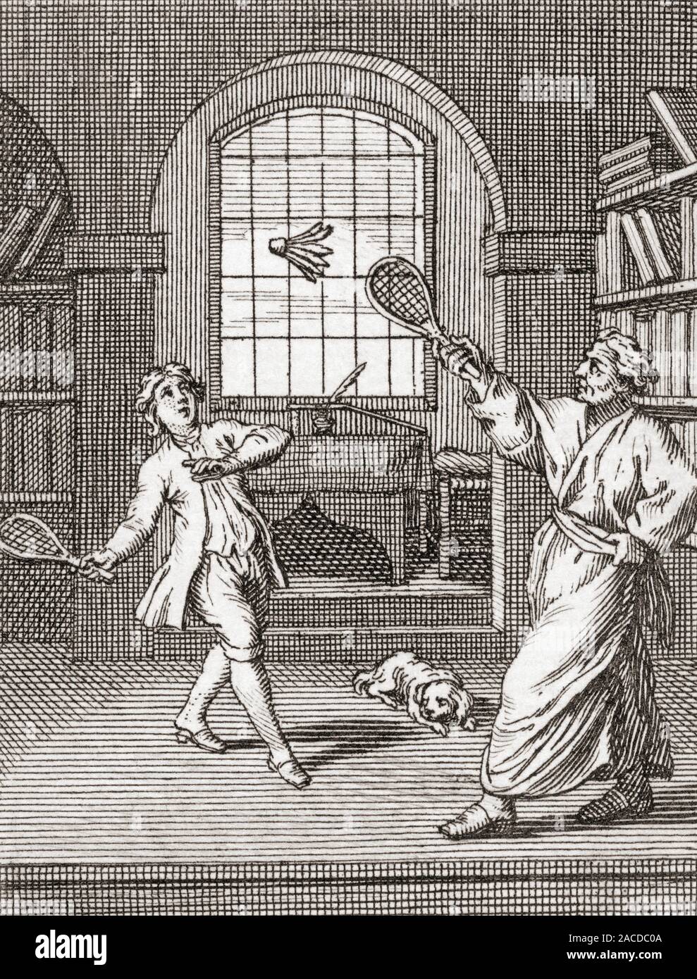 Teacher and student playing badminton.  After an 18th century work. Stock Photo