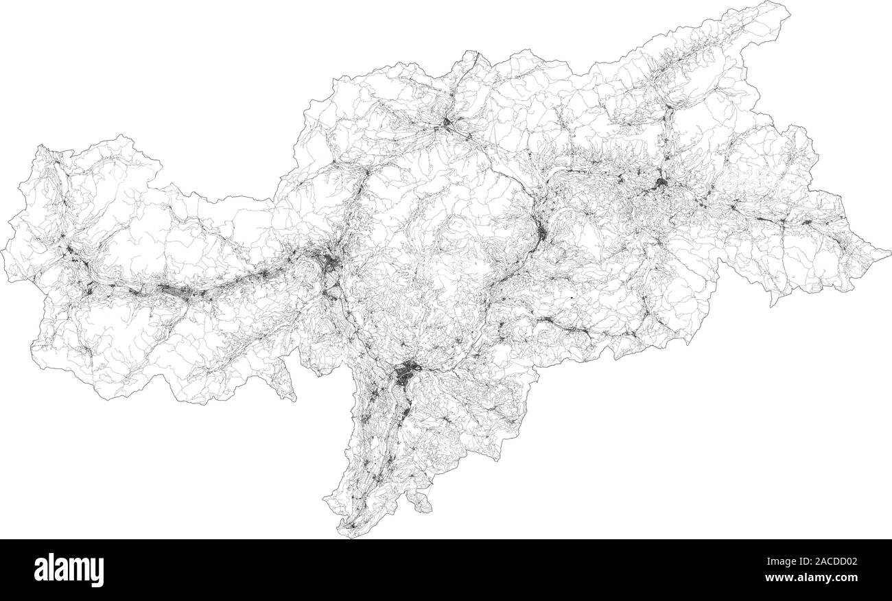 Satellite map of province of Bolzano, towns and roads, buildings and connecting roads of surrounding areas. Trentino Alto Adige, Italy. Map roads Stock Vector