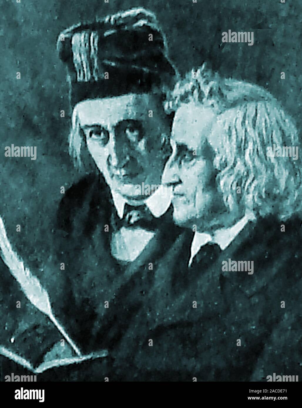 An early printed photograph of the Brothers Grimm (Jakob & Wilhelm) known in German as die Brüder Grimm or die Gebrüder Grimm. Jacob Ludwig Karl (1785–1863) and Wilhelm Carl (1786–1859), were German academics and authors who collected and published folklore during the 19th century, bringing us some of our best known fairy tales such as Cinderella, Snow White,Rapunzel, Rumpelstiltskin, Hansel & Gretel, Sleeping Beauty and Snow White (to name only few). Stock Photo
