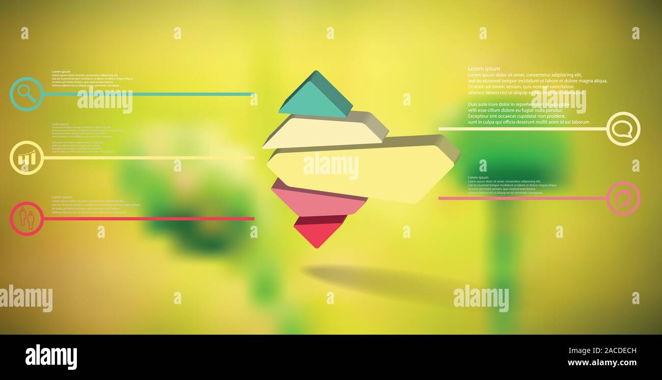 3D illustration infographic template. The embossed rhomb is randomly divided to five color parts. Object is arranged on blurred photo background. Stock Vector