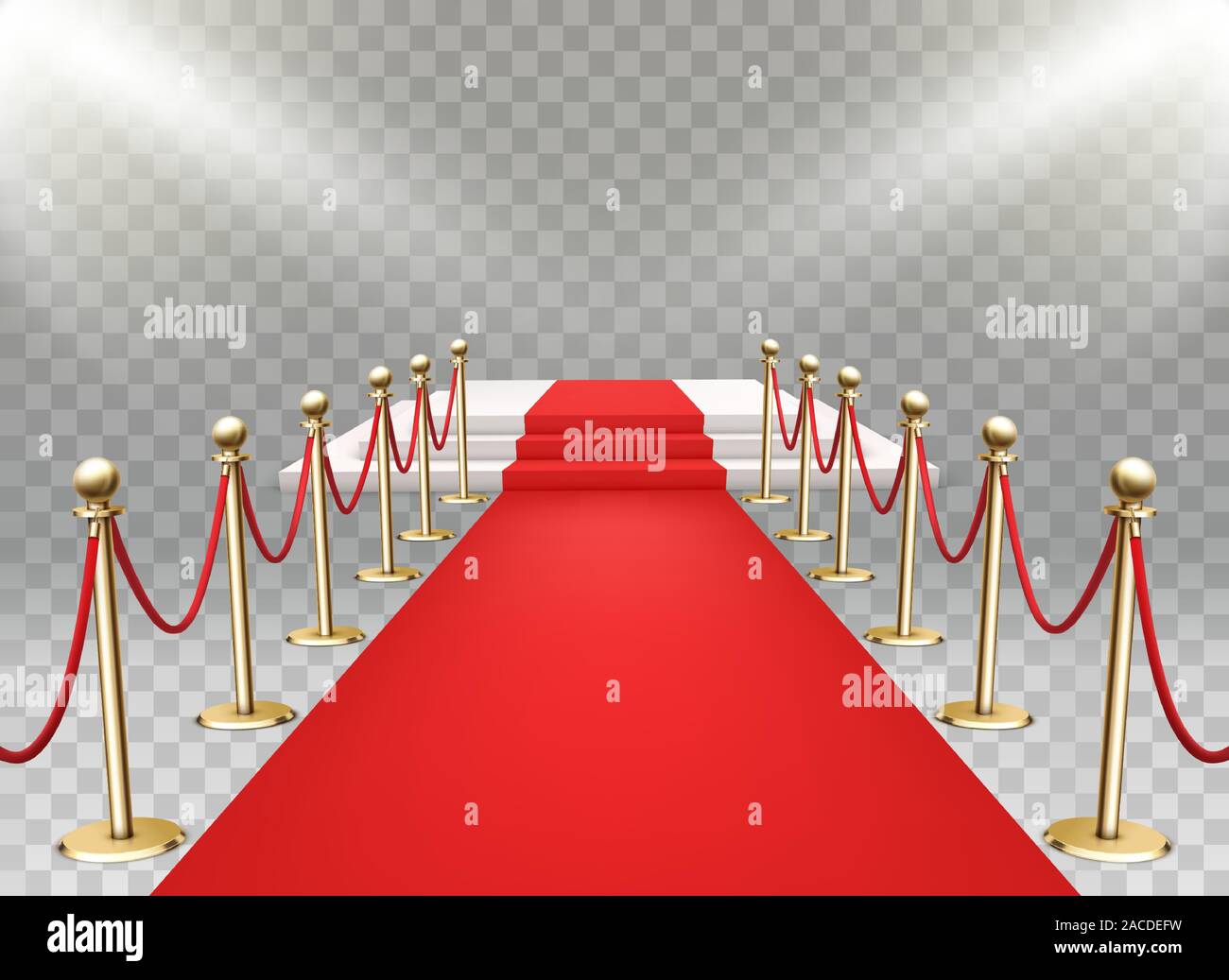 Red carpet event with threestep podium. Gold queue rope barriers posts