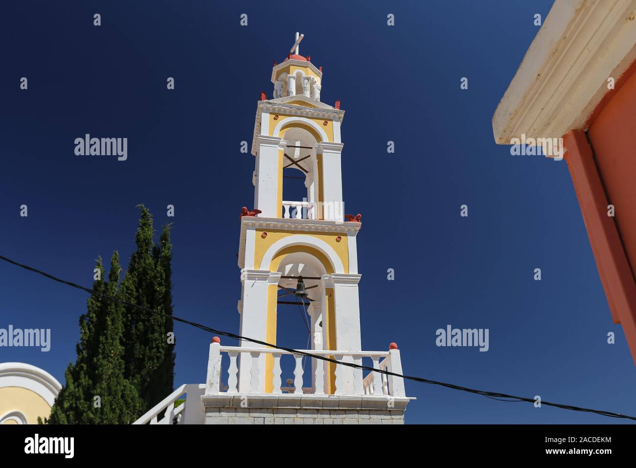 Steeple of a Church in Symi Island in Greece Stock Photo