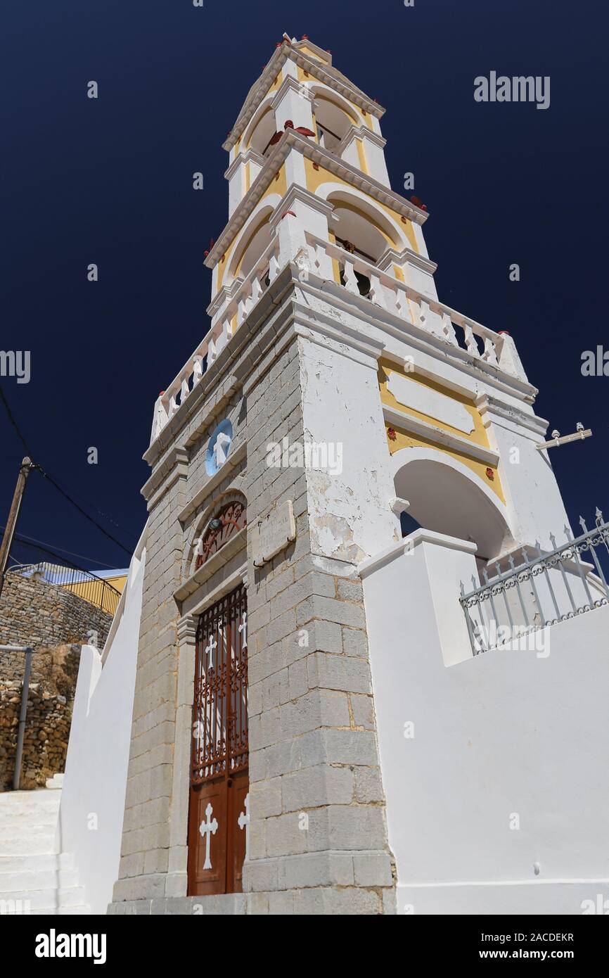 Steeple of a Church in Symi Island in Greece Stock Photo
