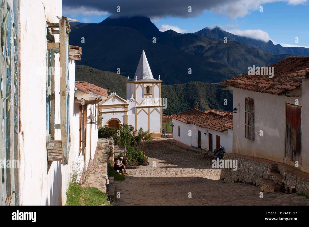 Main street of Los Nevados village in andean cordillera Merida state Venezuela. Los Nevados, is a town founded in 1591, located in the Sierra Nevada N Stock Photo