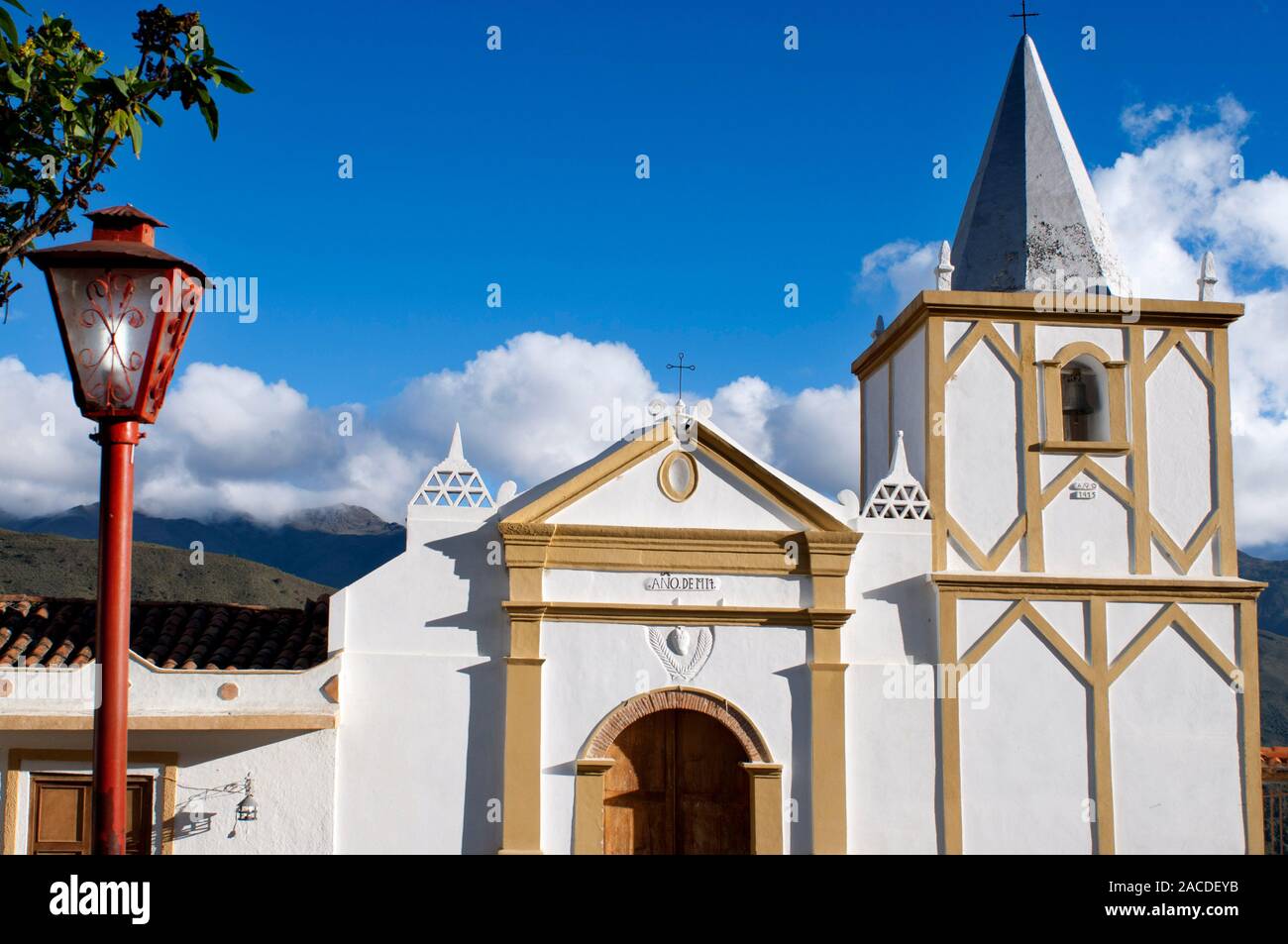 Church in Los Nevados village in andean cordillera Merida state Venezuela. Los Nevados, is a town founded in 1591, located in the Sierra Nevada Nation Stock Photo