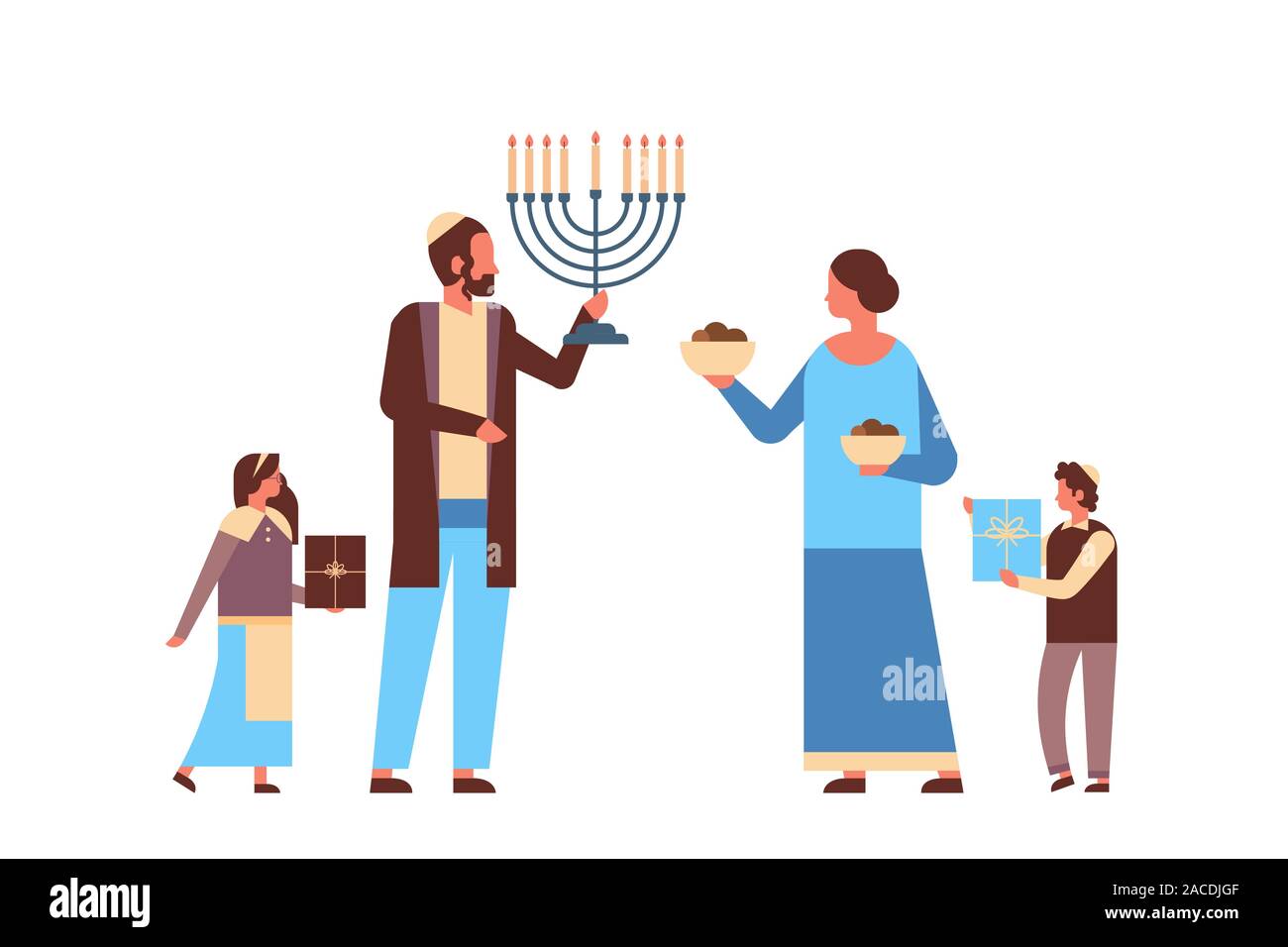 jews family holding menorah and gift boxes jewish parents children in traditional clothes standing together happy hanukkah judaism religious holidays concept horizontal full length vector illustration Stock Vector