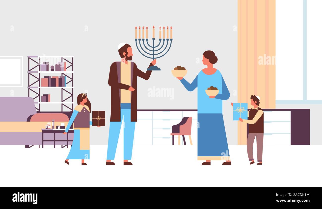 jews family holding menorah and gift boxes jewish parents children in traditional clothes standing together happy hanukkah judaism religious holidays concept living room interior full length vector illustration Stock Vector