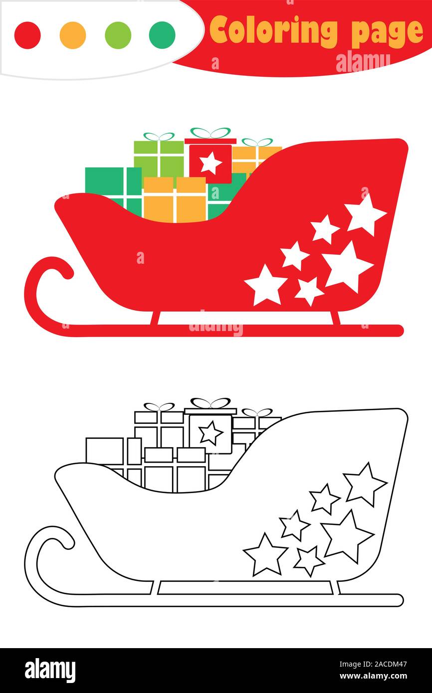 Santa sleigh with presents in cartoon style, christmas coloring page, education paper game for the development of children, kids preschool activity Stock Vector