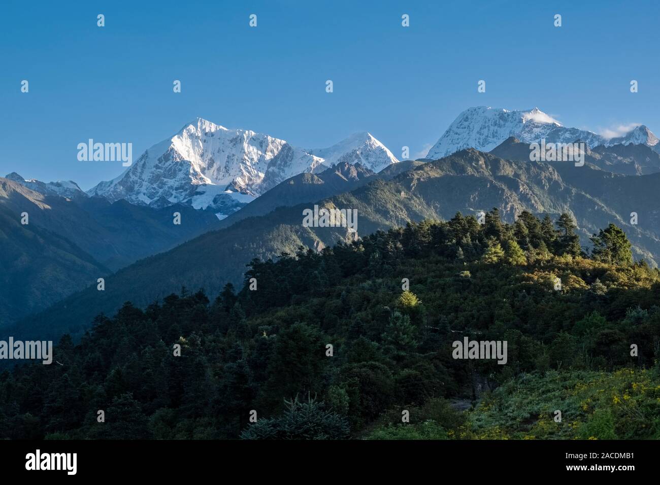 The summits of Numbur Himal seen from the pass Taksindo La Stock Photo