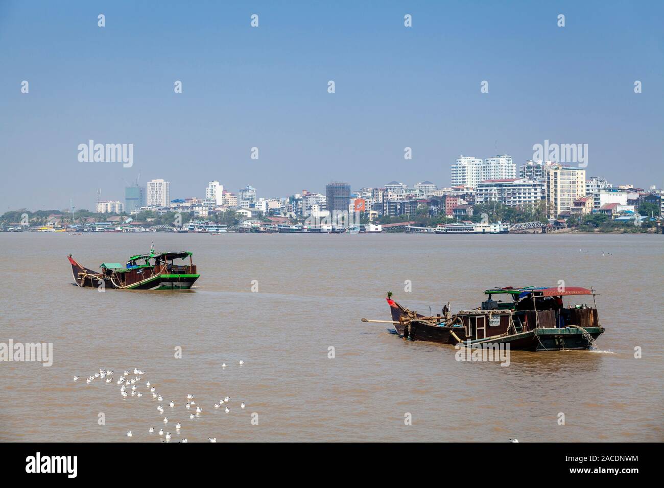 Traditional Cargo Boats On The Yangon River, Yangon, Myanmar Stock