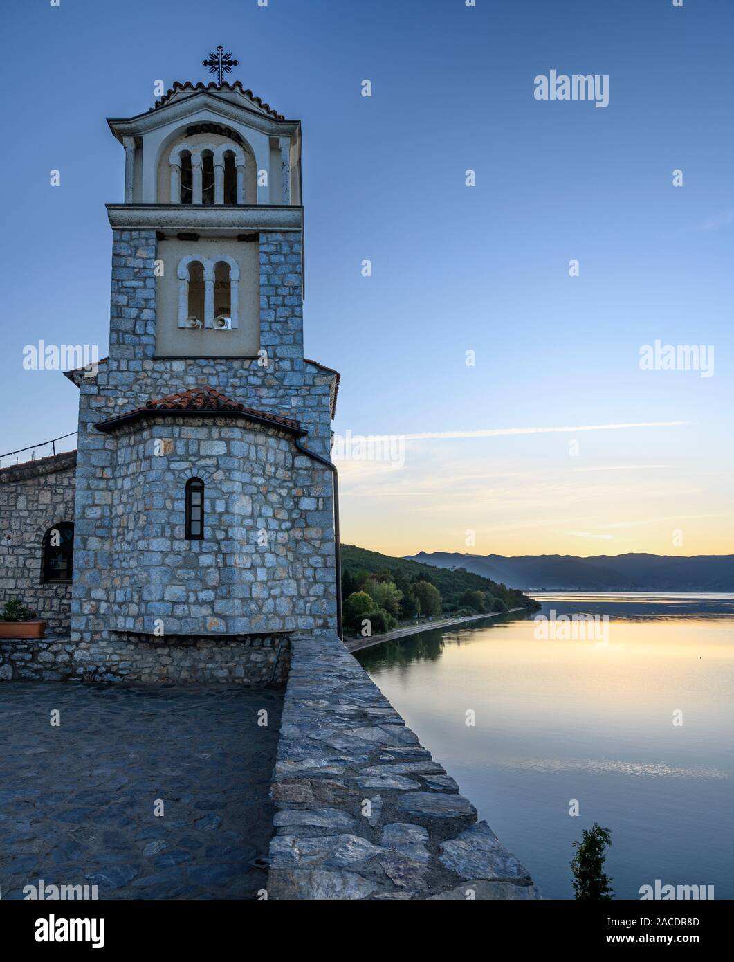 Sunset at the Monastery of  of St.Naum on the shore of Lake Ohrid in North Macedonia,  Europe. Stock Photo