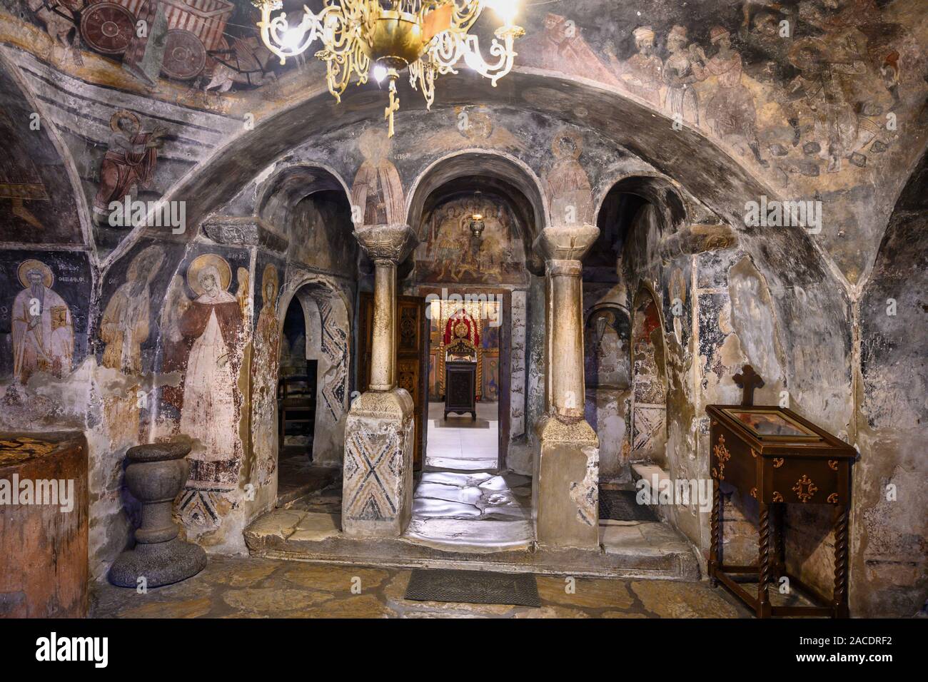 The Narthax and Interior of the church of St.Naum of Ohrid, at the Monastery of the same name on the shore of Lake Ohrid in North Macedonia,  Europe. Stock Photo