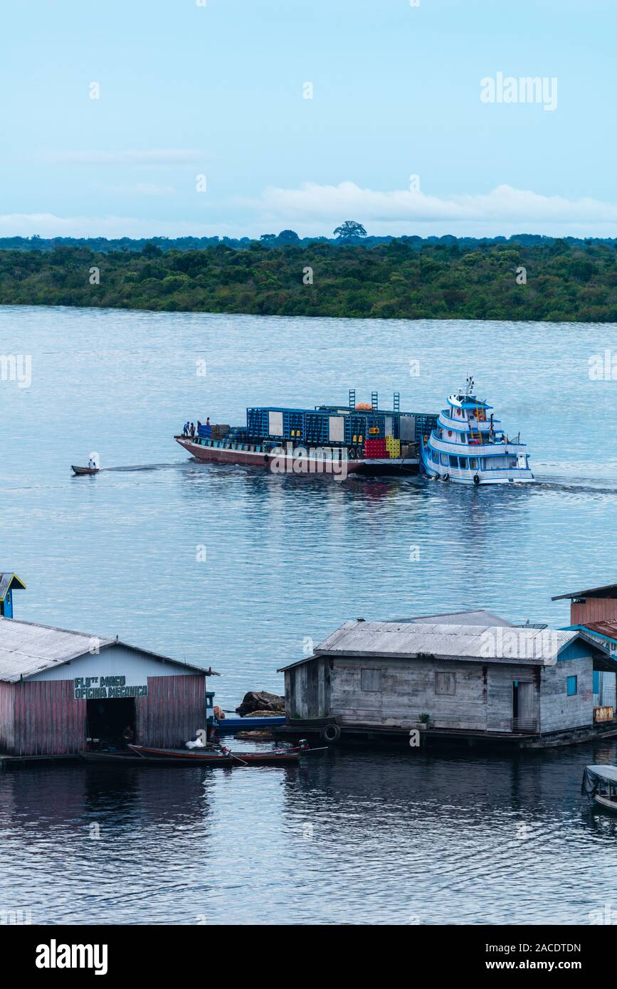 Swimming houses on Lake Tefé, small town of Tefé on SolimoesRiver, Amazon State, Northern Brasilia, Latin America Stock Photo