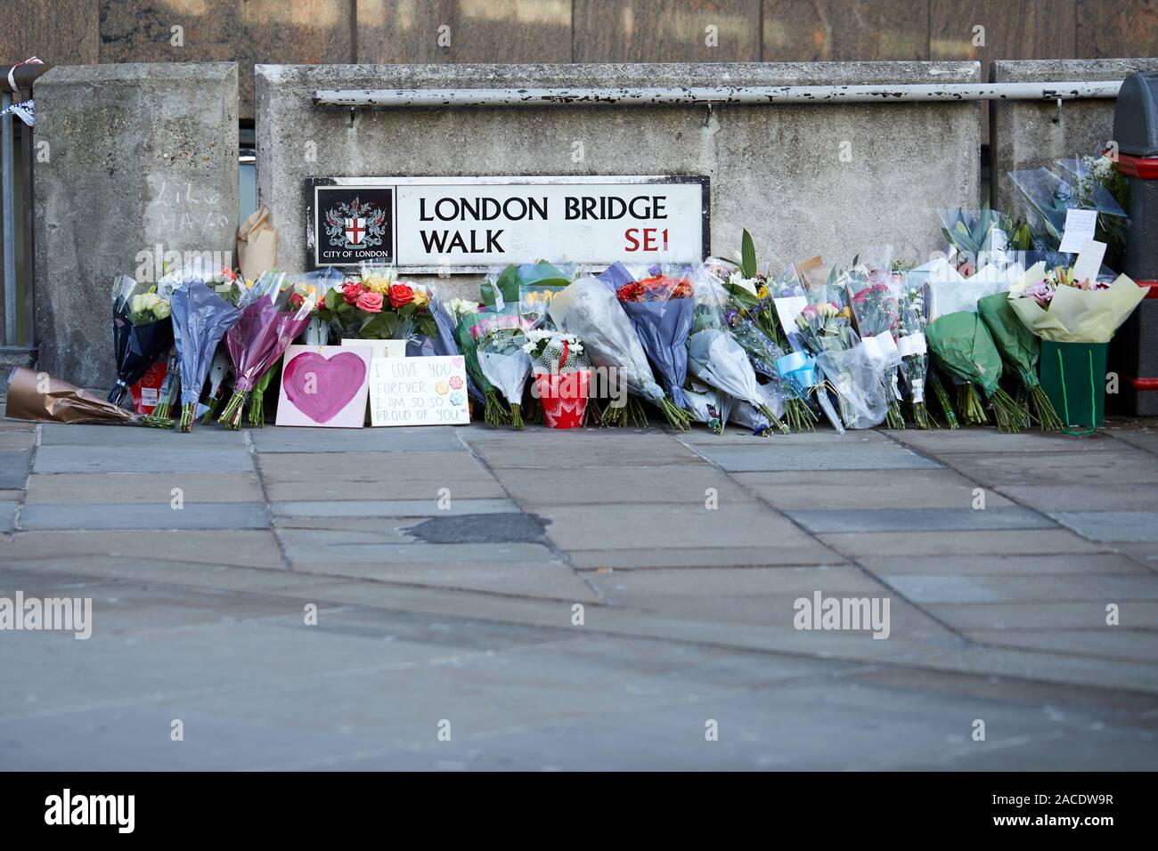 London, U.K. - Dec 2, 2019: Tributes left for the victims of the London Bridge terrorist attack, three days after the incident. Stock Photo