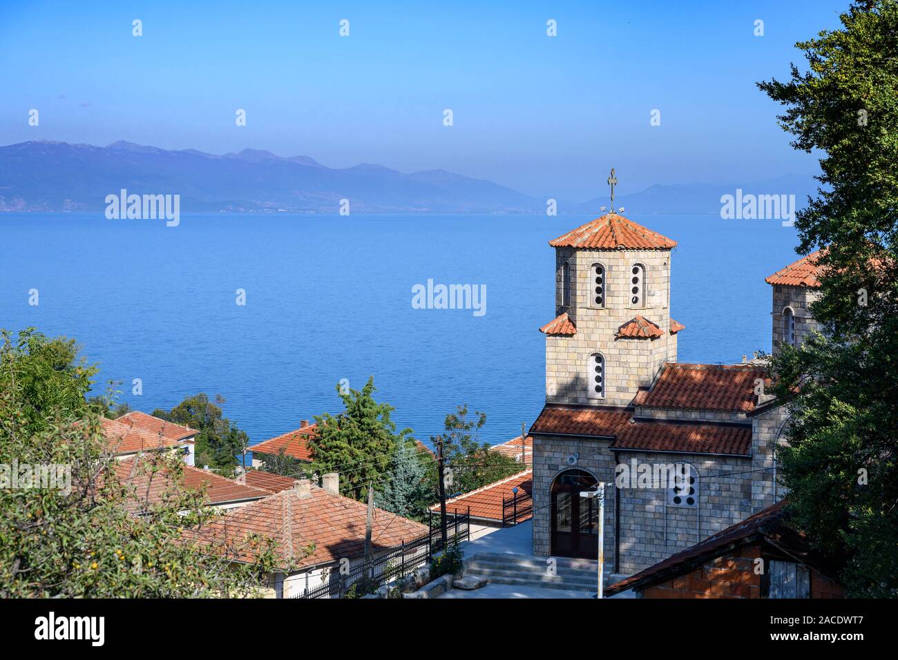 Looking across Lake Ohrid from the village of Trpejca in North Macedonia, with Albania in the distance, North Macedonia, Europe. Stock Photo