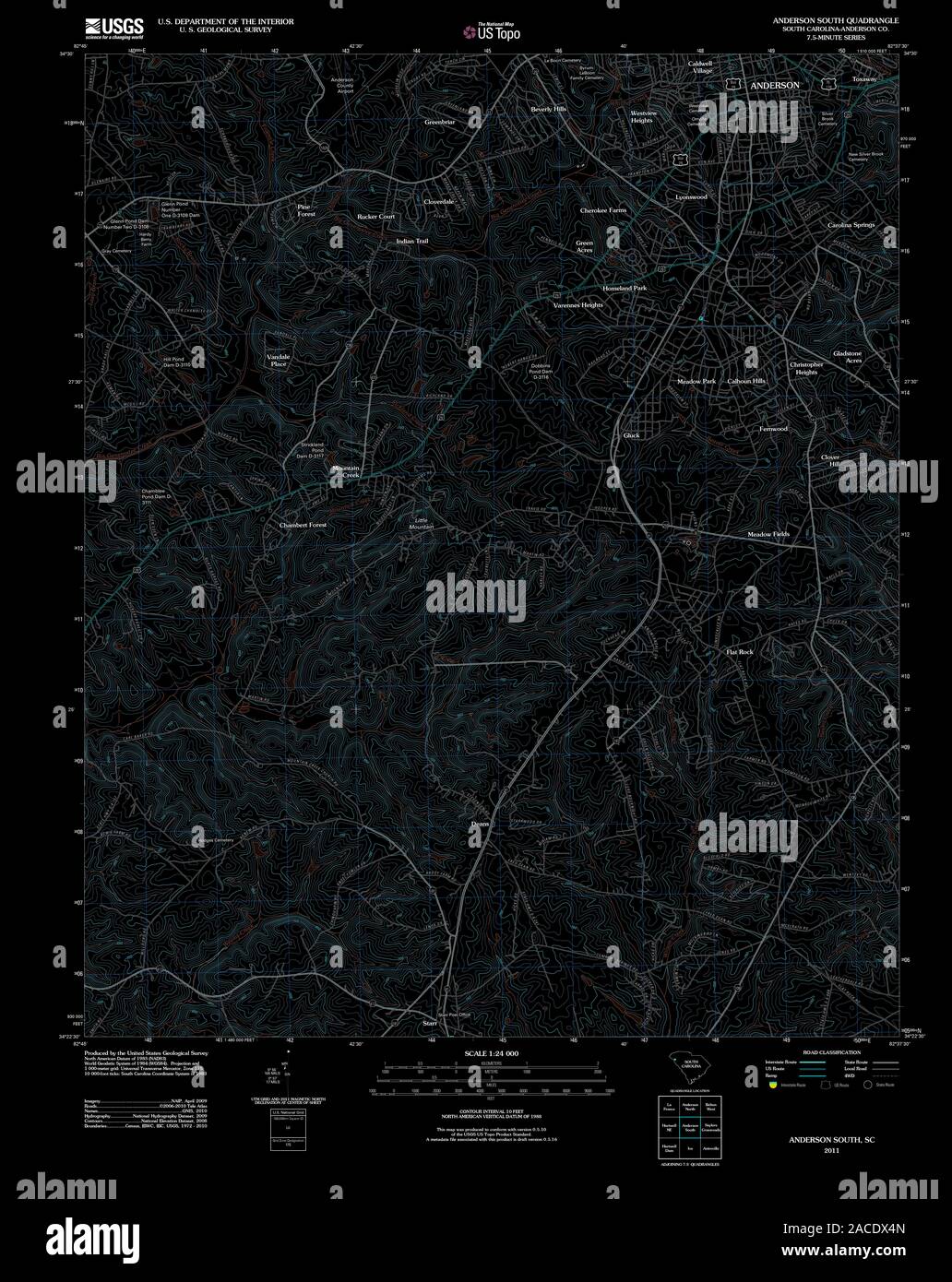 USGS TOPO Map South Carolina SC Anderson South 20110819 TM Inverted ...