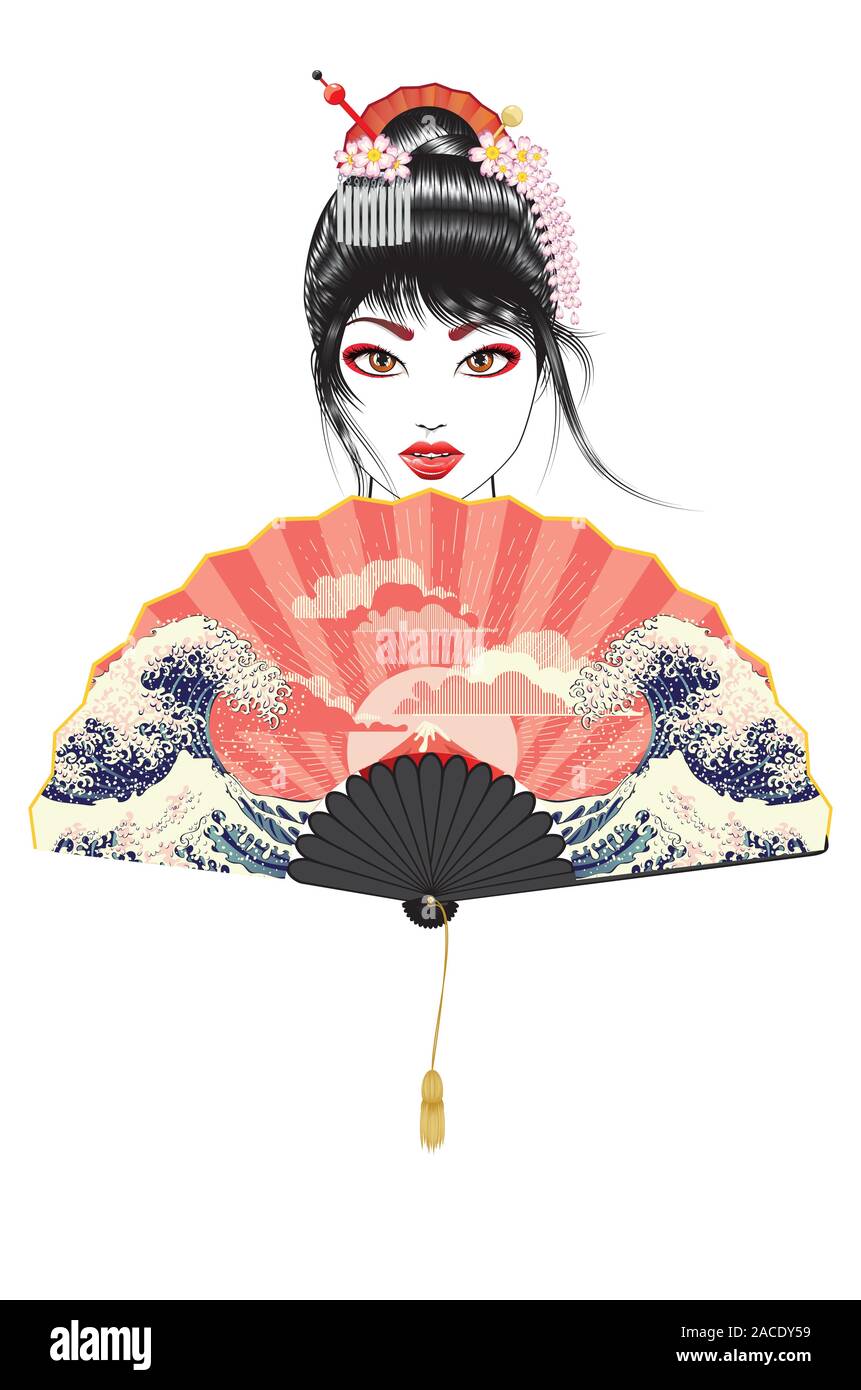 Portrait of japanese geisha woman with traditional fan design Stock ...